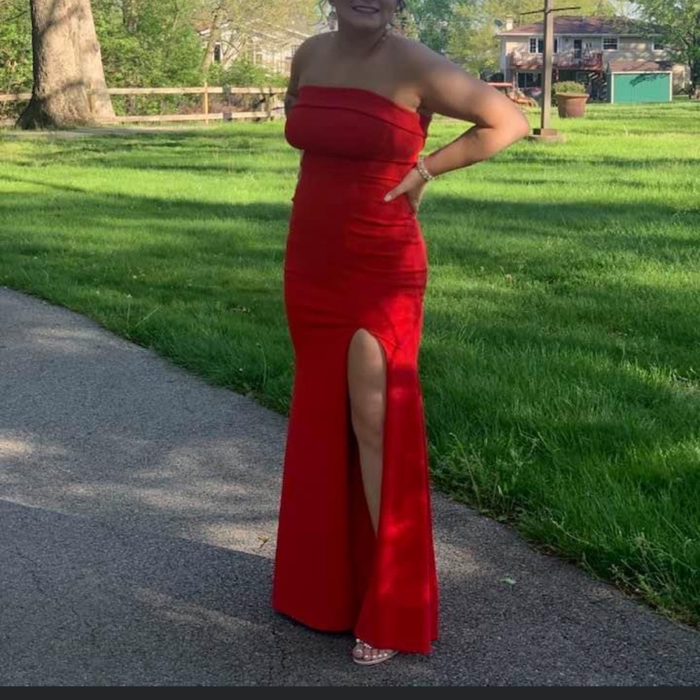 Red strapless prom dress